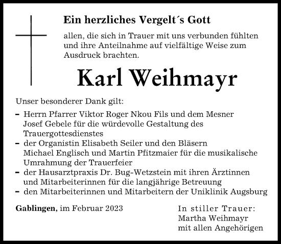 Traueranzeige von Karl Weihmayr von Augsburger Allgemeine