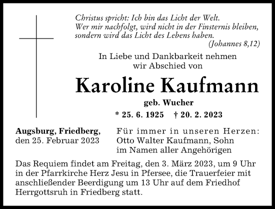Traueranzeige von Karoline Kaufmann von Augsburger Allgemeine