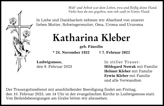 Traueranzeige von Katharina Kleber von Neuburger Rundschau