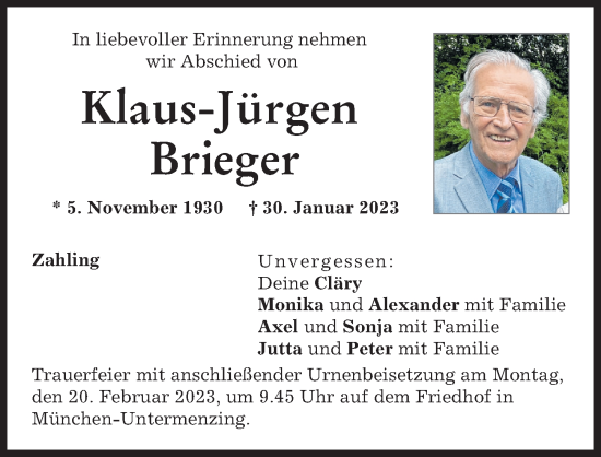 Traueranzeige von Klaus-Jürgen Brieger von Aichacher Nachrichten