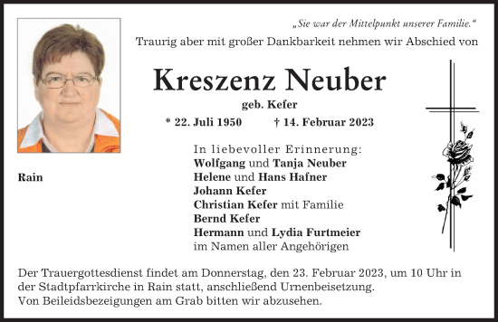 Traueranzeige von Kreszenz Neuber von Neuburger Rundschau, Donauwörther Zeitung