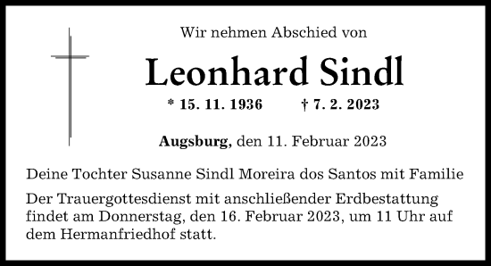 Traueranzeige von Leonhard Sindl von Augsburger Allgemeine