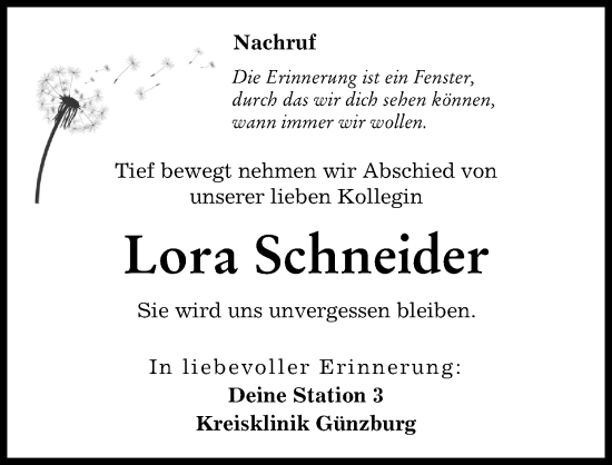 Traueranzeige von Lora Schneider von Günzburger Zeitung