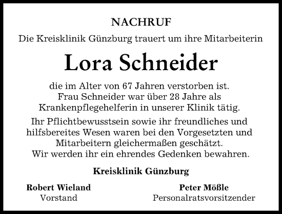 Traueranzeige von Lora Schneider von Günzburger Zeitung