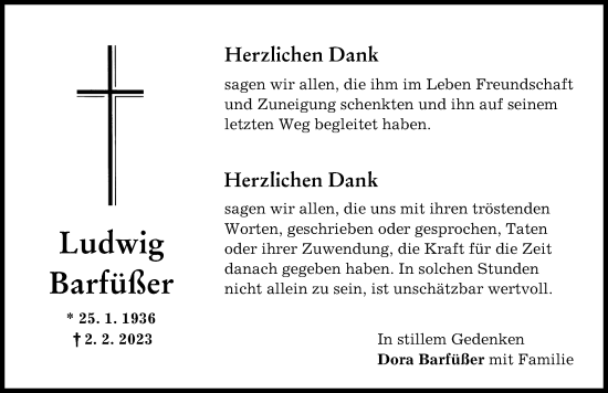 Traueranzeige von Ludwig Barfüßer von Günzburger Zeitung