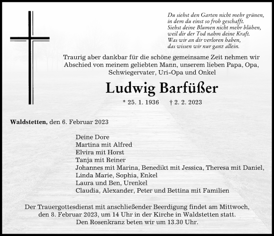 Traueranzeige von Ludwig Barfüßer von Günzburger Zeitung