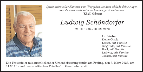 Traueranzeige von Ludwig Schöndorfer von Augsburger Allgemeine