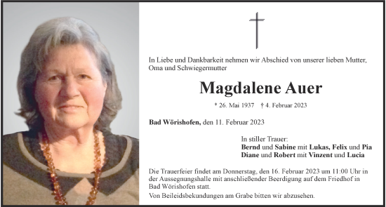 Traueranzeige von Magdalene Auer von Mindelheimer Zeitung