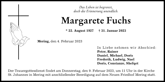 Traueranzeige von Margarete Fuchs von Friedberger Allgemeine
