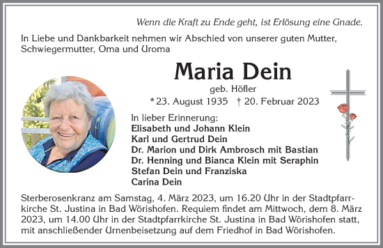Traueranzeige von Maria Dein von Mindelheimer Zeitung