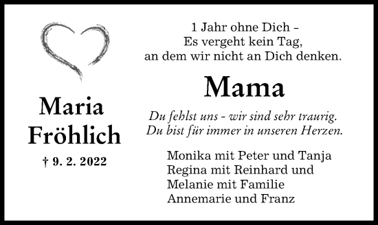 Traueranzeige von Maria Fröhlich von Augsburger Allgemeine