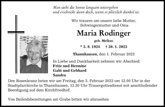 Traueranzeige von Maria Rodinger von Mittelschwäbische Nachrichten