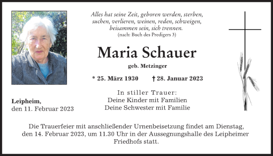 Traueranzeige von Maria Schauer von Günzburger Zeitung