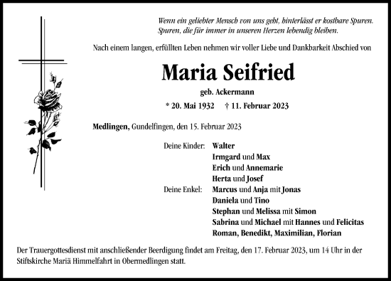 Traueranzeige von Maria Seifried von Donau Zeitung