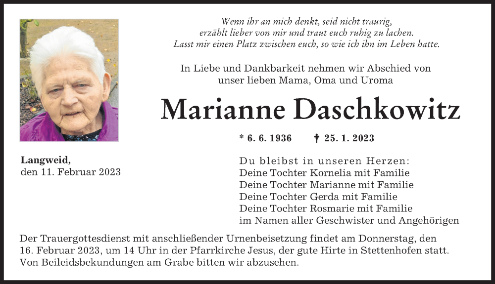  Traueranzeige für Marianne Daschkowitz vom 11.02.2023 aus Augsburger Allgemeine