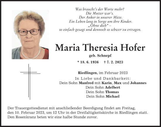 Traueranzeige von Maria Theresia Hofer von Donauwörther Zeitung