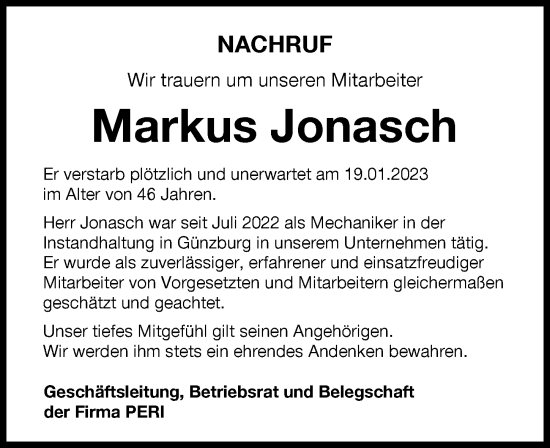 Traueranzeige von Markus Jonasch von Günzburger Zeitung