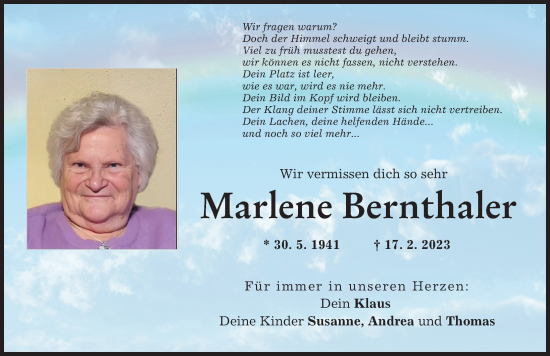 Traueranzeige von Marlene Bernthaler von Augsburg-Land