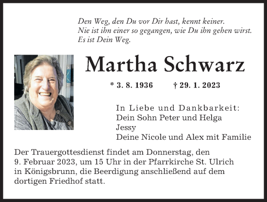 Traueranzeige von Martha Schwarz von Augsburger Allgemeine