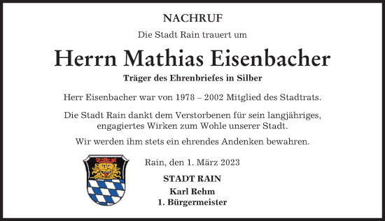 Traueranzeige von Mathias Eisenbacher von Donauwörther Zeitung