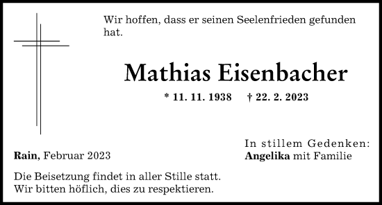 Traueranzeige von Mathias Eisenbacher von Donauwörther Zeitung