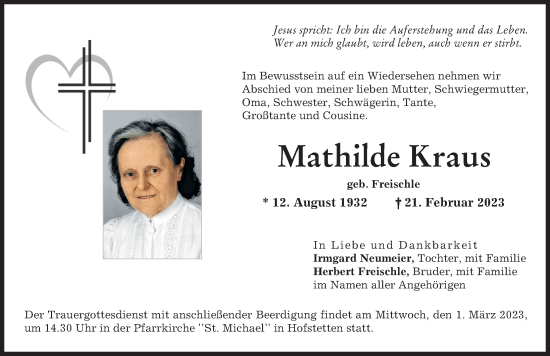 Traueranzeige von Mathilde Kraus von Landsberger Tagblatt