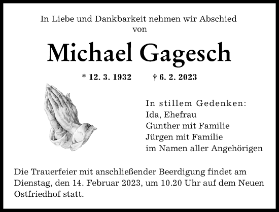 Traueranzeige von Michael Gagesch von Augsburger Allgemeine