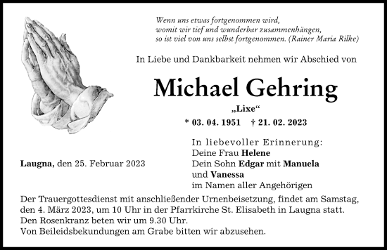 Traueranzeige von Michael Gehring von Wertinger Zeitung