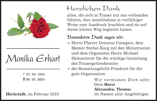 Traueranzeige von Monika Erhart von Donau Zeitung