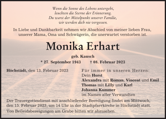 Traueranzeige von Monika Erhart von Donau Zeitung