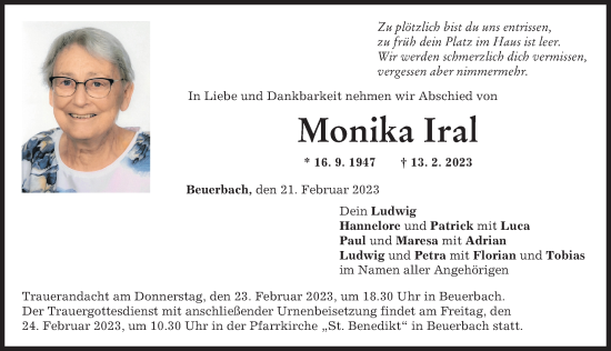 Traueranzeige von Monika Iral von Landsberger Tagblatt