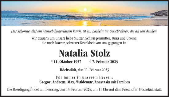 Traueranzeige von Natalia Stolz von Donau Zeitung