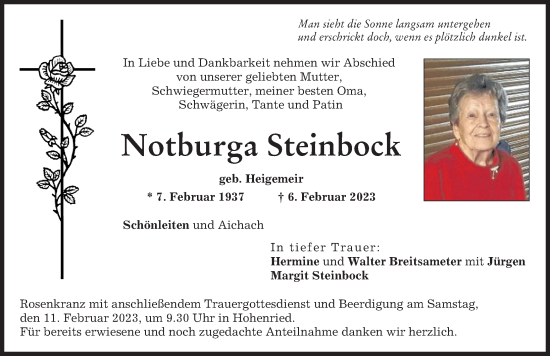 Traueranzeige von Notburga Steinbock von Aichacher Nachrichten