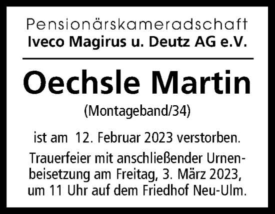 Traueranzeige von Oechsle Martin von Illertisser Zeitung, Günzburger Zeitung, Neu-Ulmer Zeitung