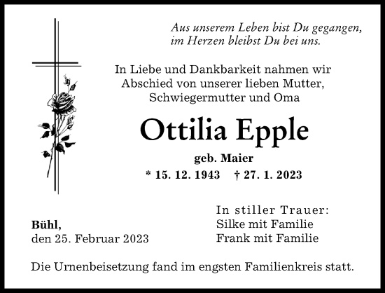 Traueranzeige von Ottilia Epple von Günzburger Zeitung