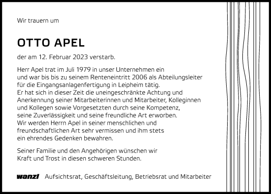 Traueranzeige von Otto Apel von Günzburger Zeitung