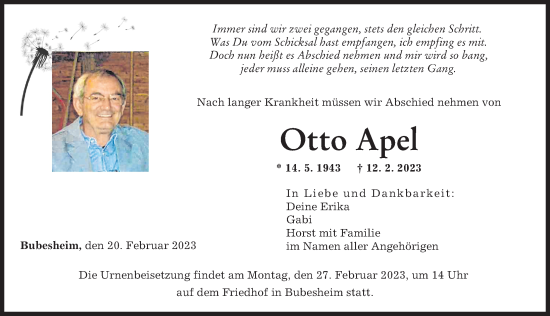 Traueranzeige von Otto Apel von Günzburger Zeitung