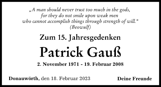 Traueranzeige von Patrick Gauß von Donauwörther Zeitung