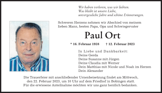 Traueranzeige von Paul Ort von Augsburger Allgemeine