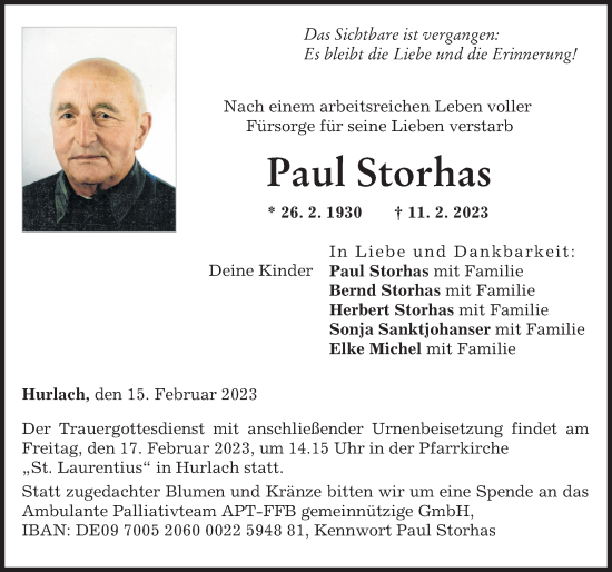 Traueranzeige von Paul Storhas von Landsberger Tagblatt
