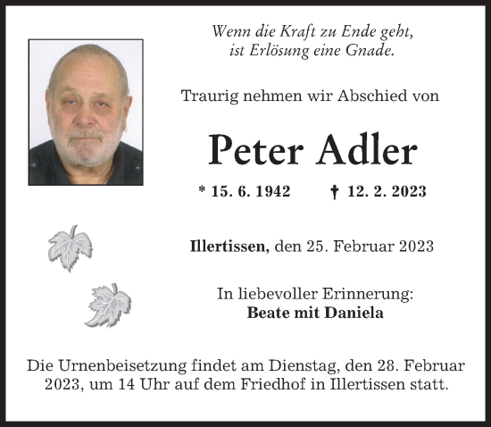 Traueranzeige von Peter Adler von Illertisser Zeitung