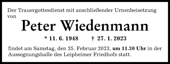 Traueranzeige von Peter Wiedenmann von Günzburger Zeitung