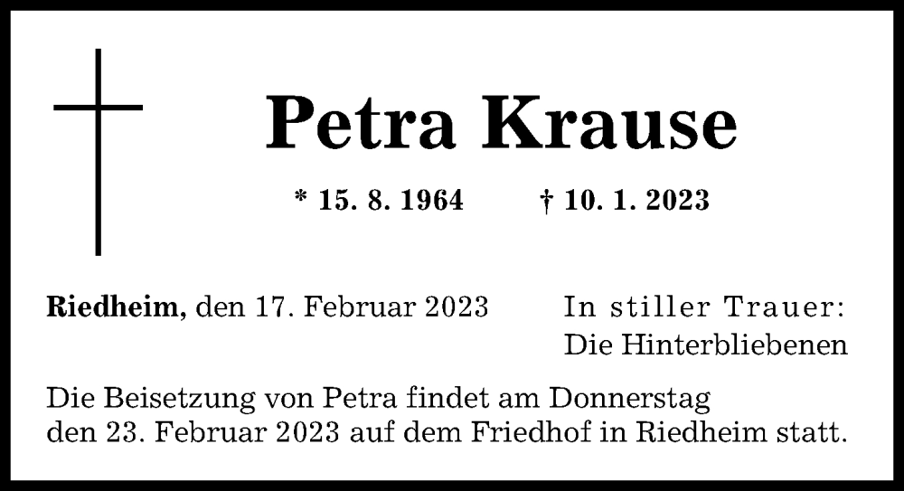  Traueranzeige für Petra Krause vom 17.02.2023 aus Günzburger Zeitung