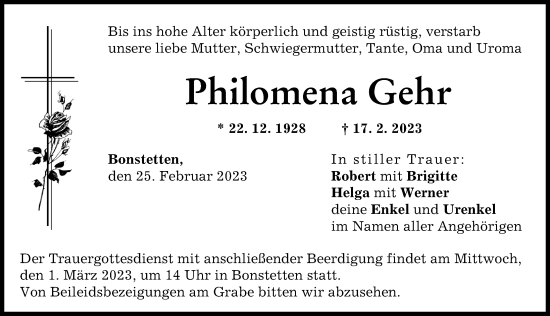Traueranzeige von Philomena Gehr von Augsburger Allgemeine
