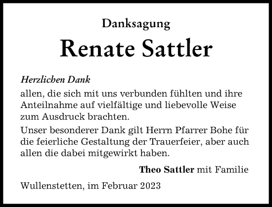 Traueranzeige von Renate Sattler von Neu-Ulmer Zeitung