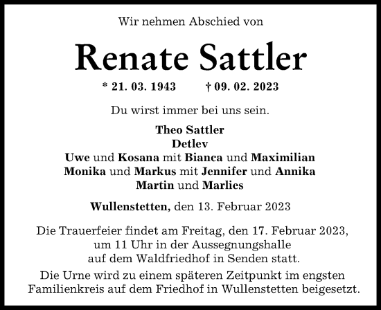 Traueranzeige von Renate Sattler von Neu-Ulmer Zeitung