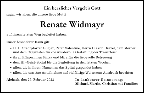 Traueranzeige von Renate Widmayr von Aichacher Nachrichten