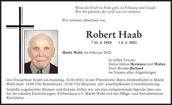 Traueranzeige von Robert Haab von Mindelheimer Zeitung