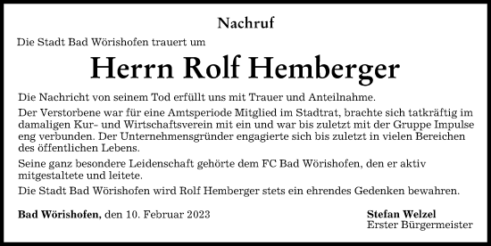 Traueranzeige von Rolf Hemberger von Mindelheimer Zeitung