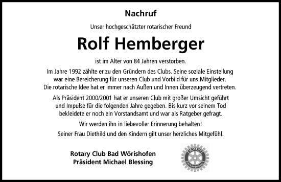 Traueranzeige von Rolf Hemberger von Mindelheimer Zeitung